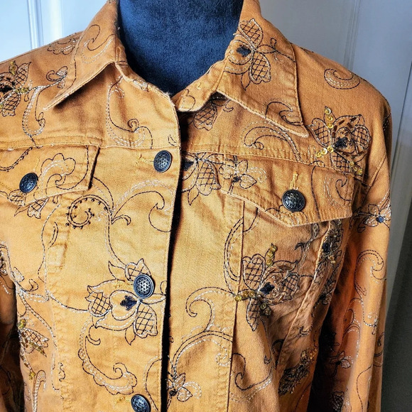Hearts Of Palm Women's Brown Jeweled Floral Button Front Collared Jacket Sz 10 - Picture 8 of 17